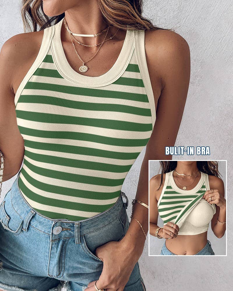 Basic ribbed cami striped tank top built-in bra: Green / L