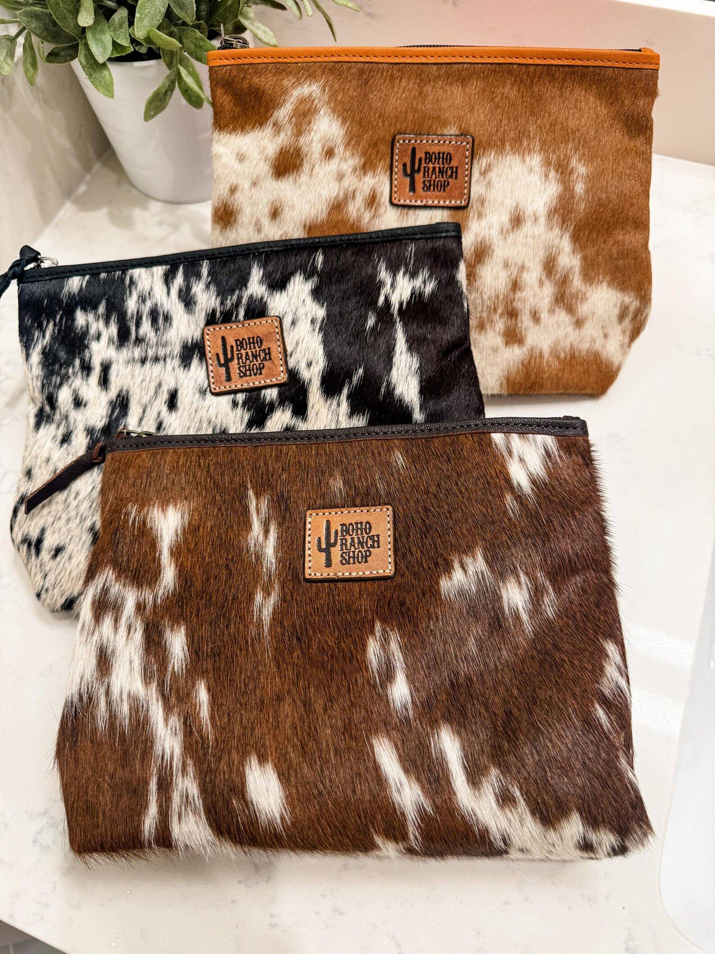 Western Cowhide Makeup Bag Travel: TAN + WHITE