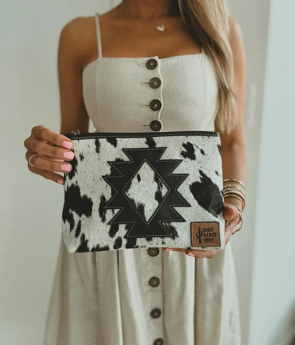 COWHIDE AZTEC  MAKEUP bag Genuine Hair On travel: Black Leather