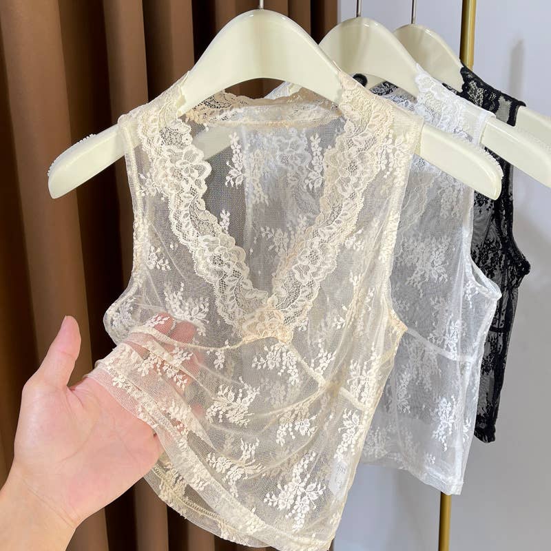 Floral Lace Sheer Mesh V-Neck Fitted Layered Tank Top: Beige / S/M