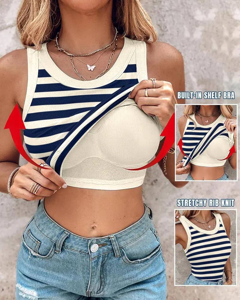 Basic ribbed cami striped tank top built-in bra: Green / L