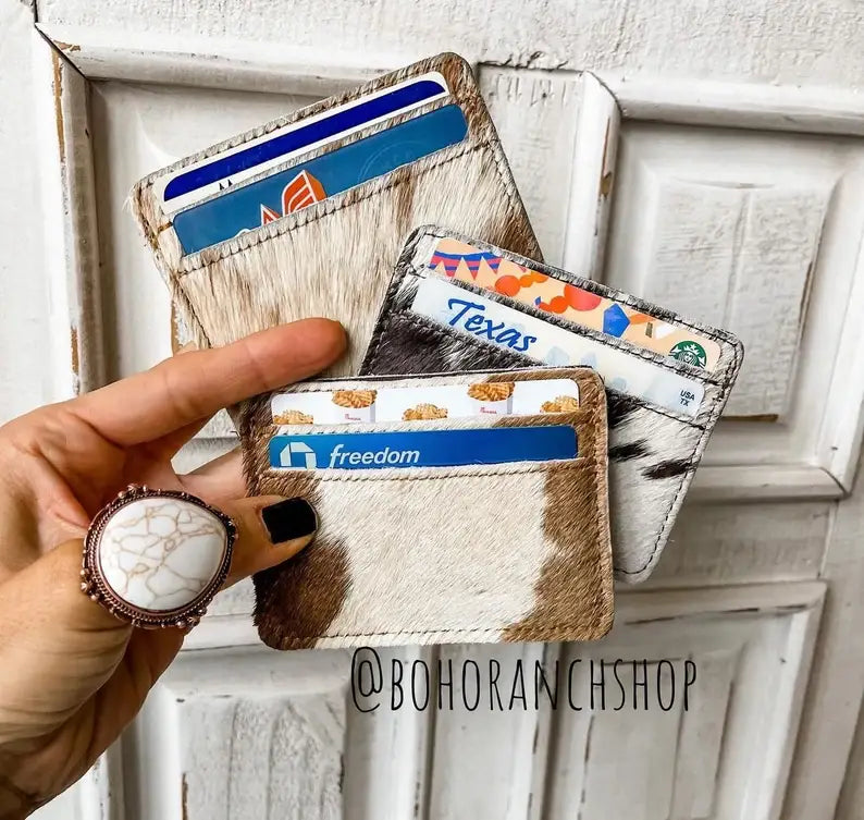 Western Cowhide Credit Card Holder - Money holder: TAN + WHITE COWHIDE