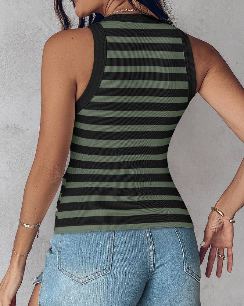 Basic ribbed cami striped tank top built-in bra: Green / L
