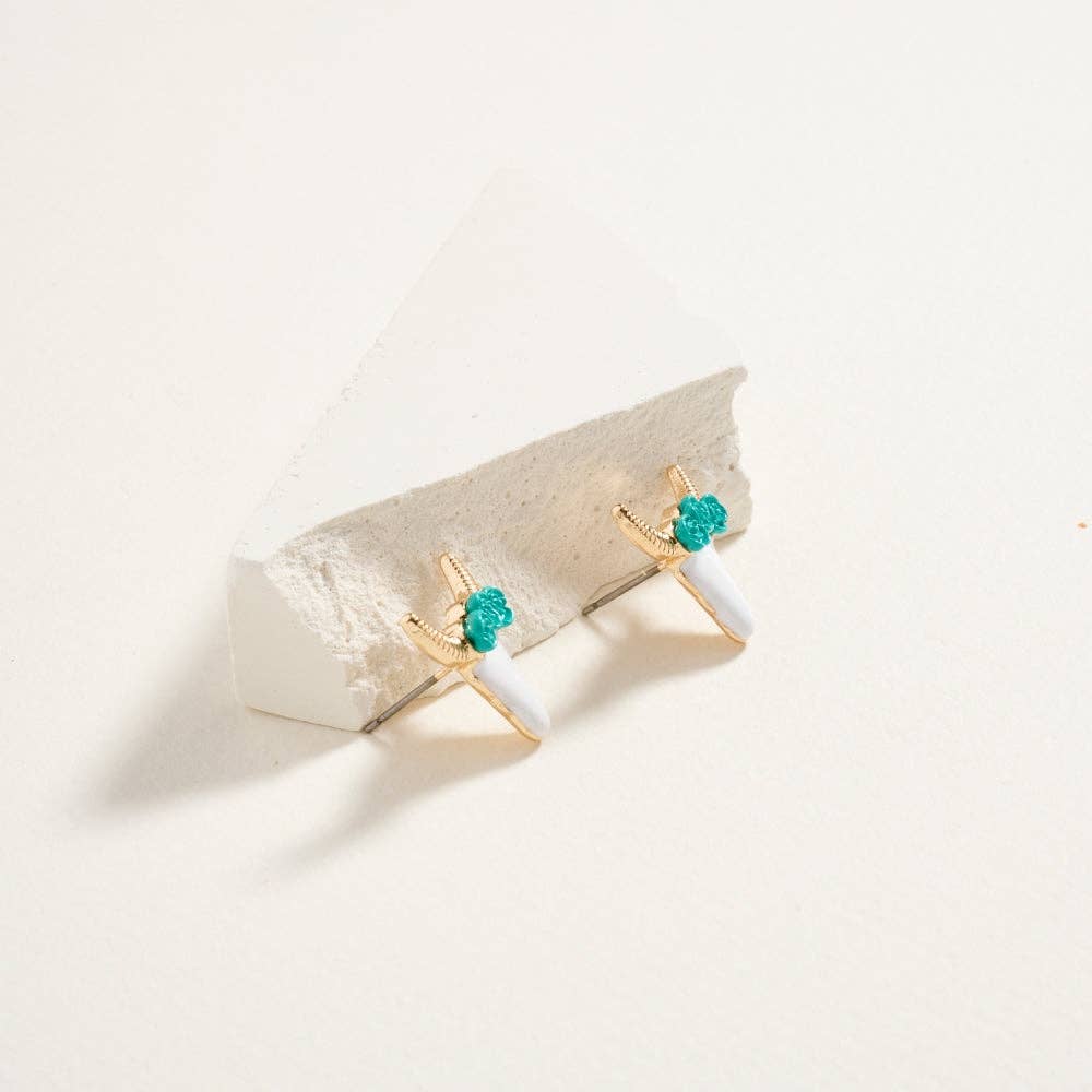 Longhorn Steer Head with Flowers Post Earrings: Gold/Pink / ONE