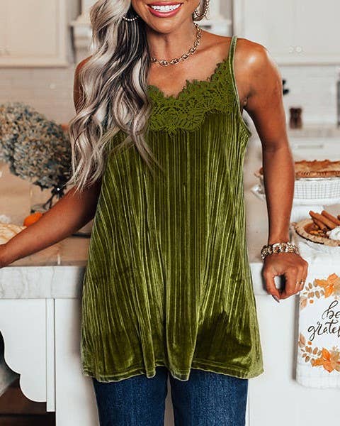 Multicolor Lace Casual Versatile Camisole Top: Green / M