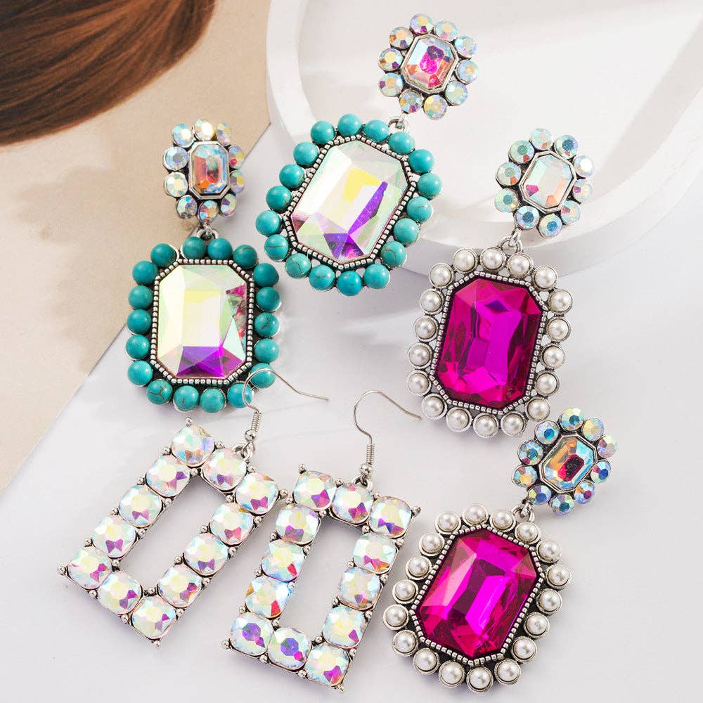 Bohemian Style Colorful Gem Earrings with Pearl and Turquoise: Turquoise-AB