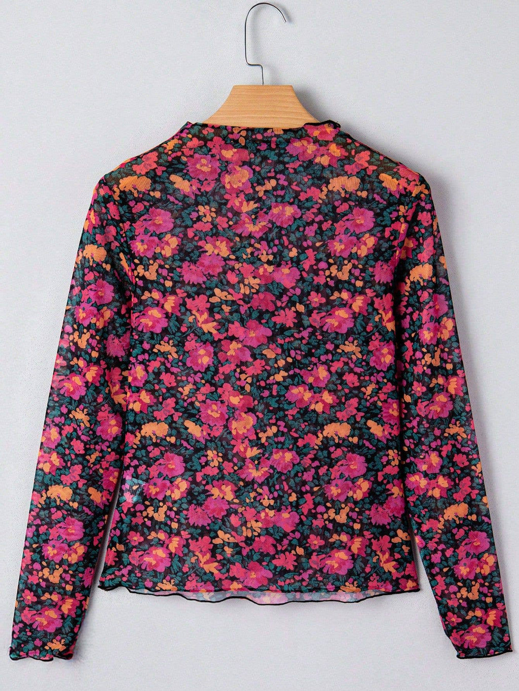 Printed Mesh Long Sleeve Slim Fit Top: Hot Pink / Missy / S