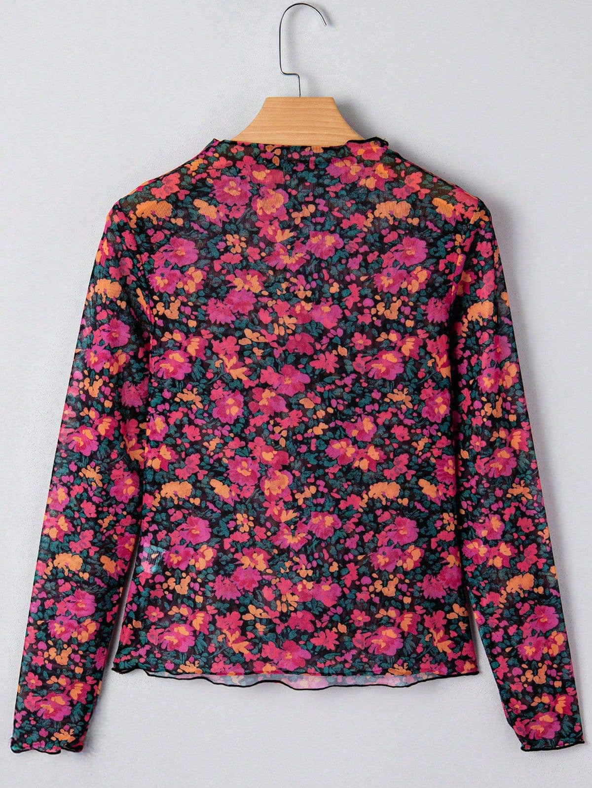 Printed Mesh Long Sleeve Slim Fit Top: Hot Pink / Missy / S