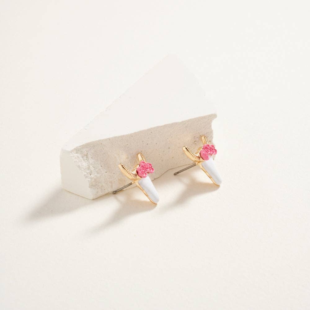 Longhorn Steer Head with Flowers Post Earrings: Gold/Pink / ONE