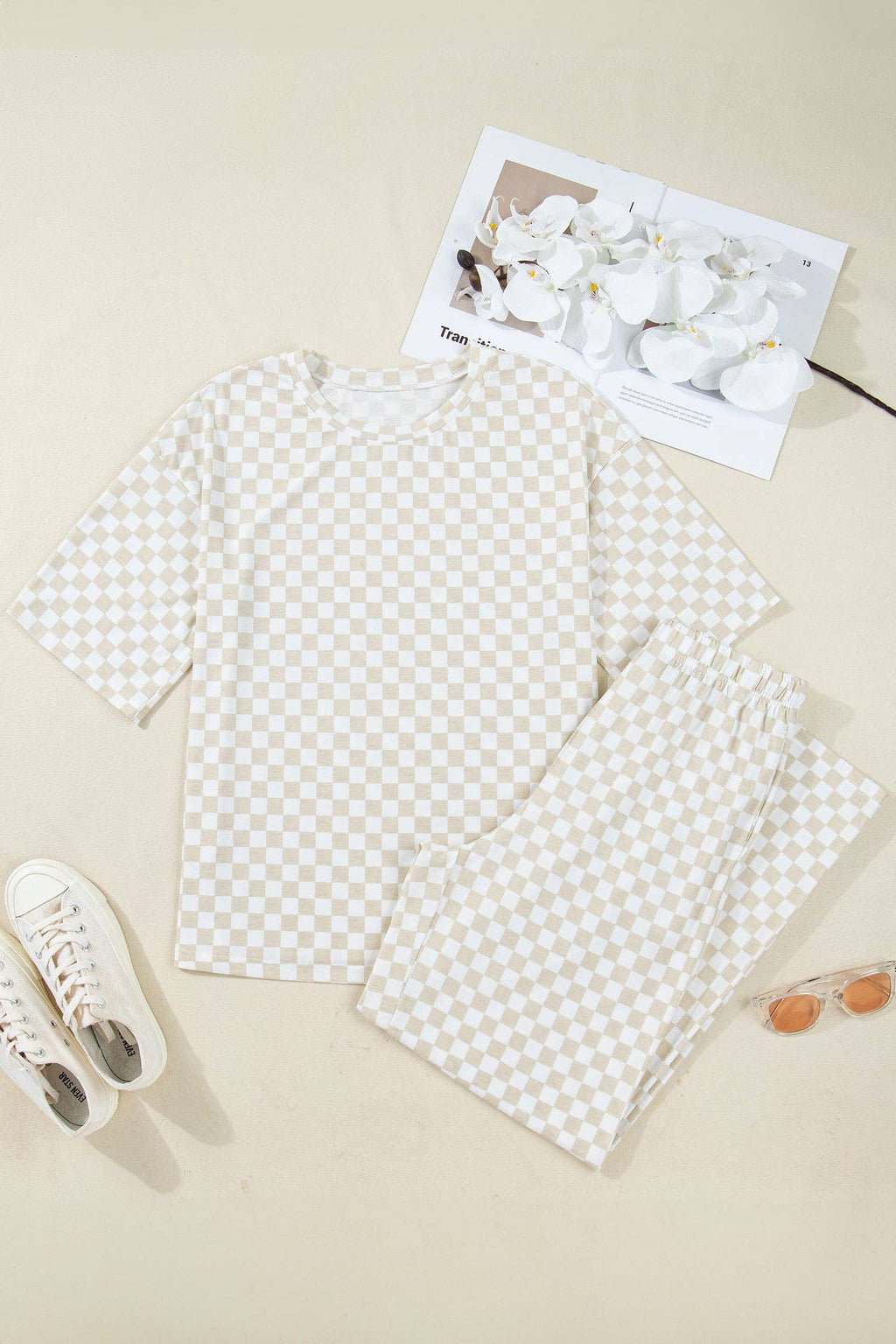 OMG! Checker Short Sleeve Tee and Pants Set: Black / Small etc