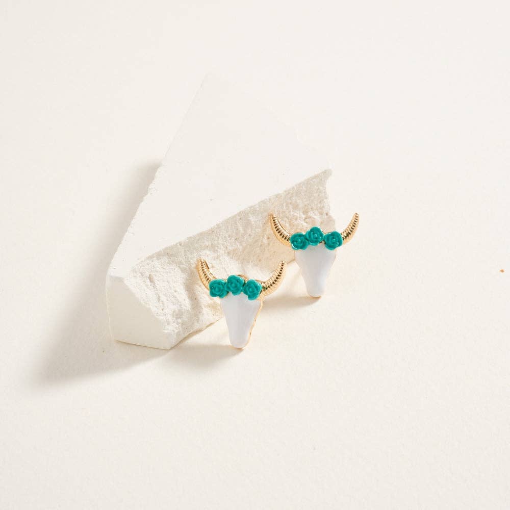 Longhorn Steer Head with Flowers Post Earrings: Silver/Turquoise / ONE