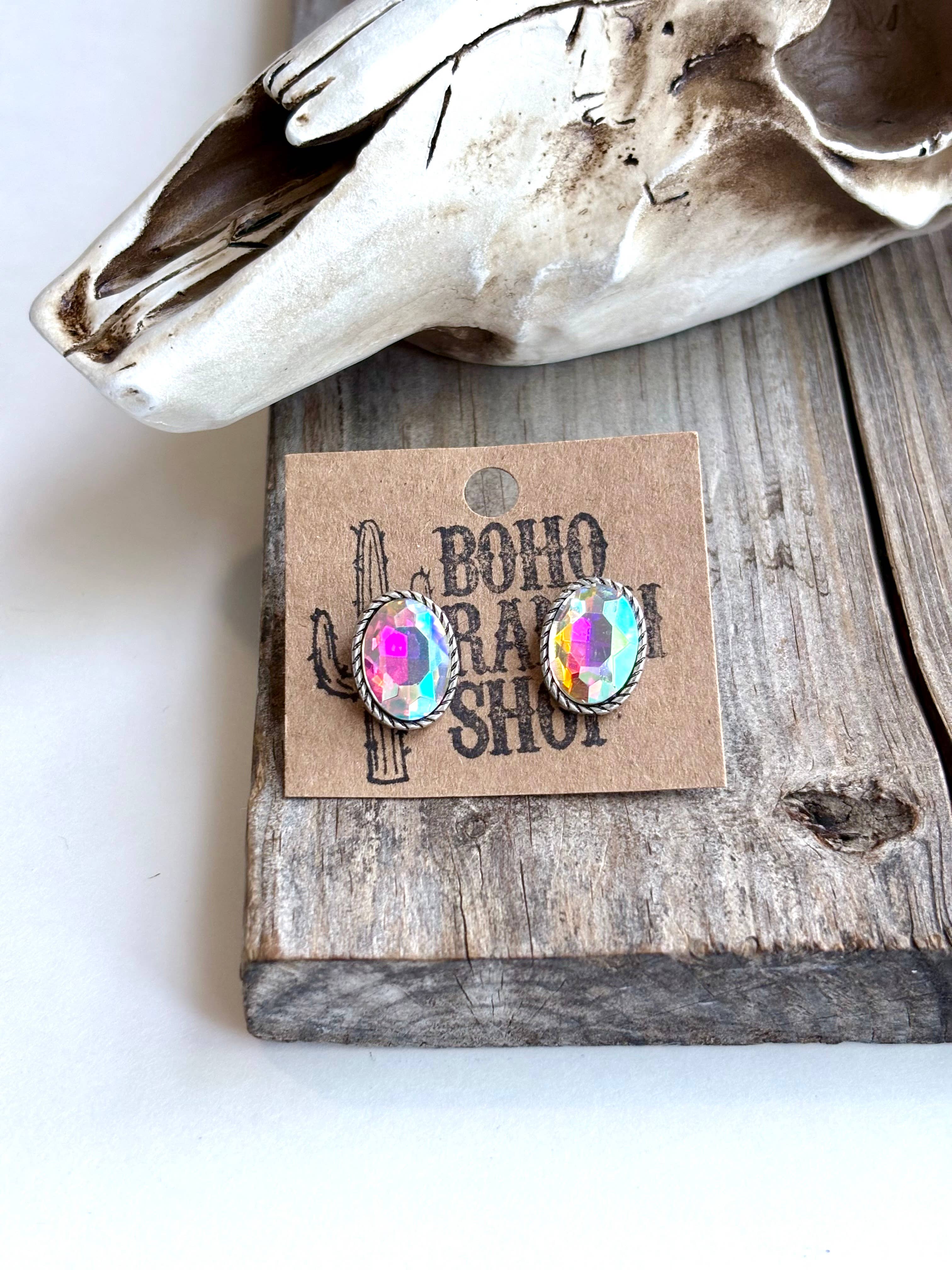 Western Bling Glass Stone Stud Earrings: Teardrop