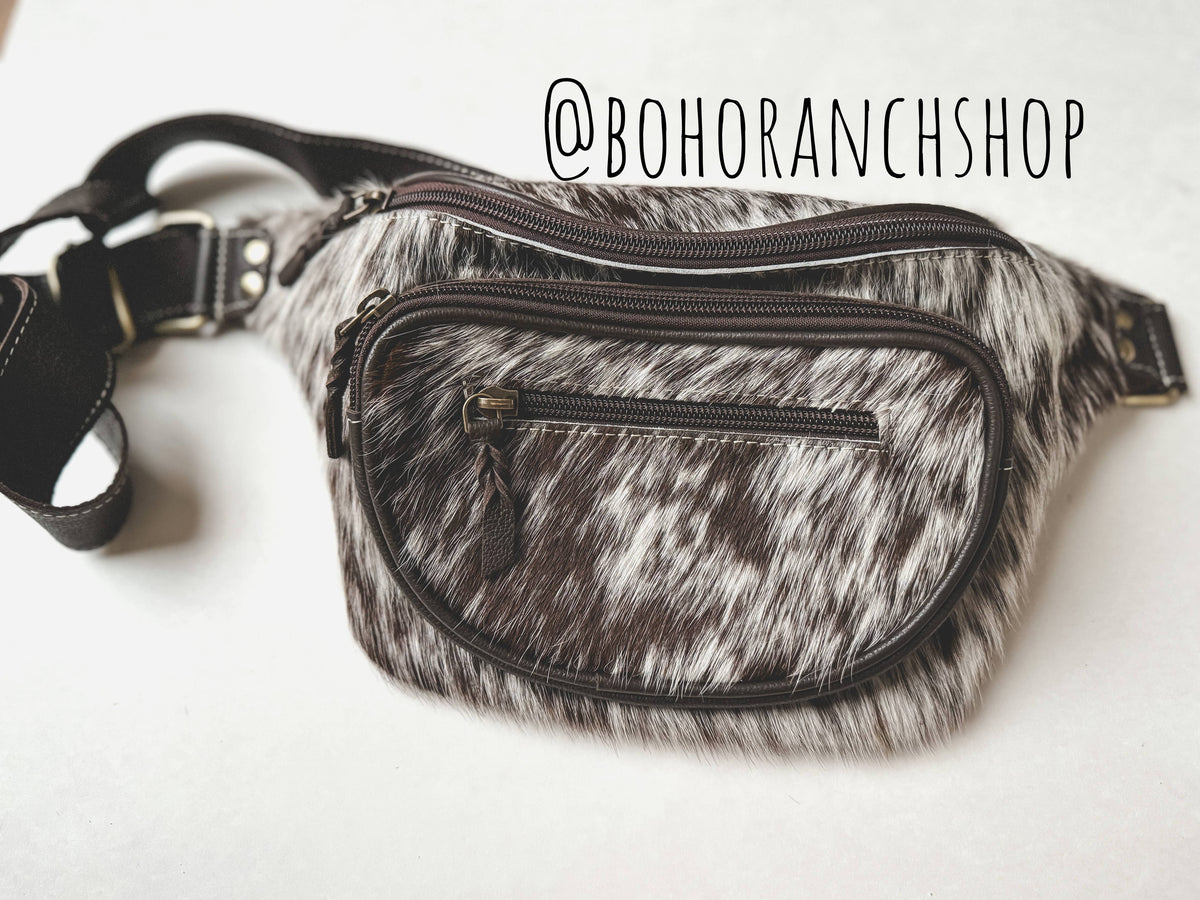 Western Hairon Cowhide Fanny Pack - bum bag sling bag: Tan + White Cowhide