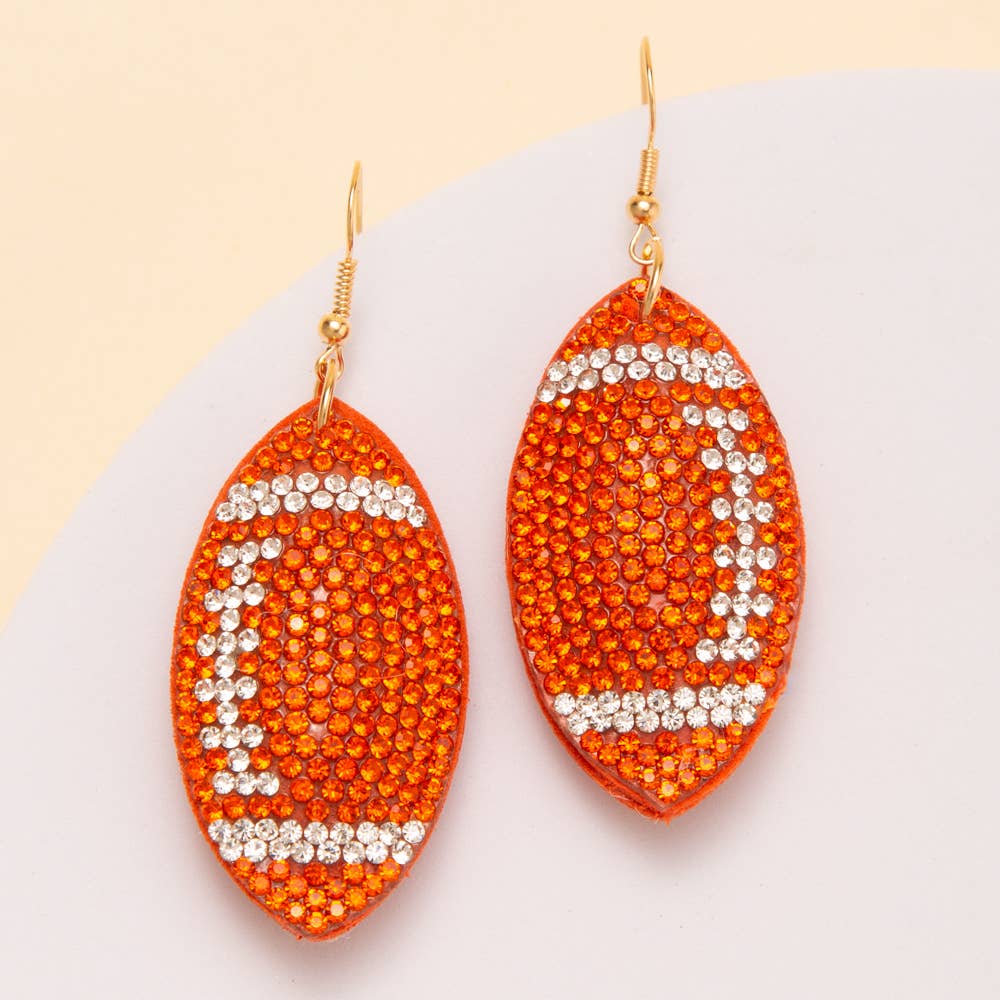Two-Tone Rhinestone Pave Football Dangle Earrings: Blue