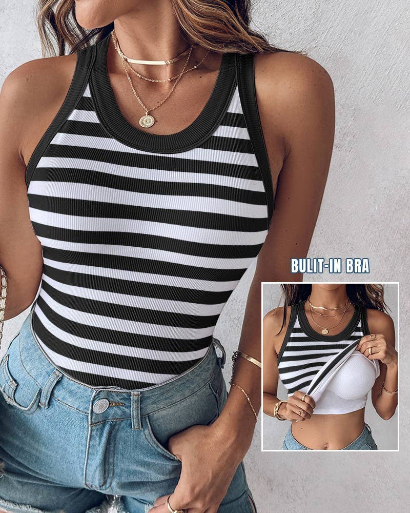 Basic ribbed cami striped tank top built-in bra: Green / L