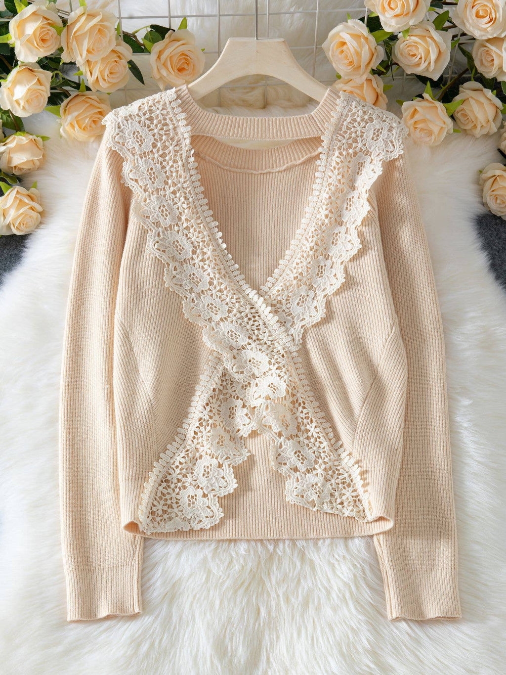 Lace Backless Knit Sweater Top: Beige / Missy / L