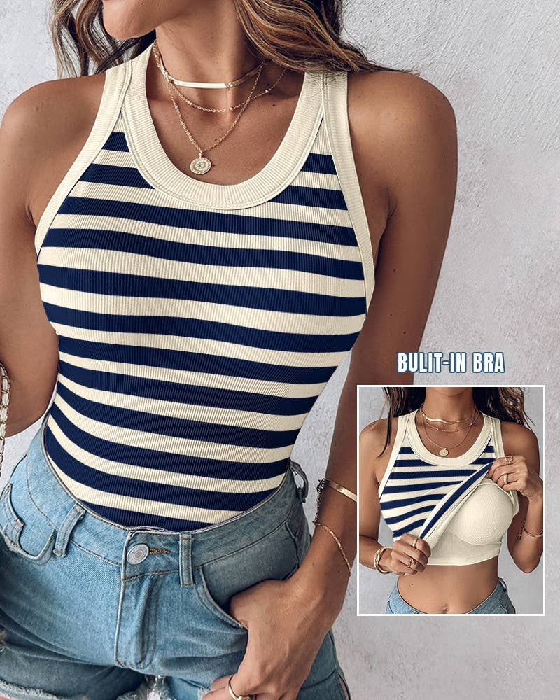 Basic ribbed cami striped tank top built-in bra: Green / L