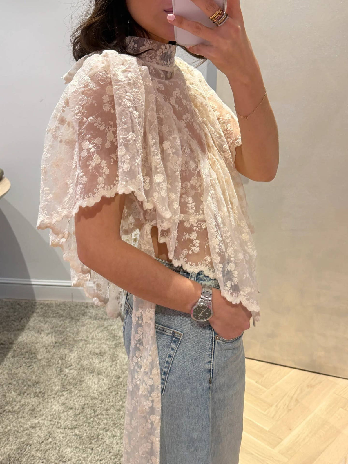 Boho Scarf Neck Lightweight Sheer Lace Floral Poncho Top: Beige / S