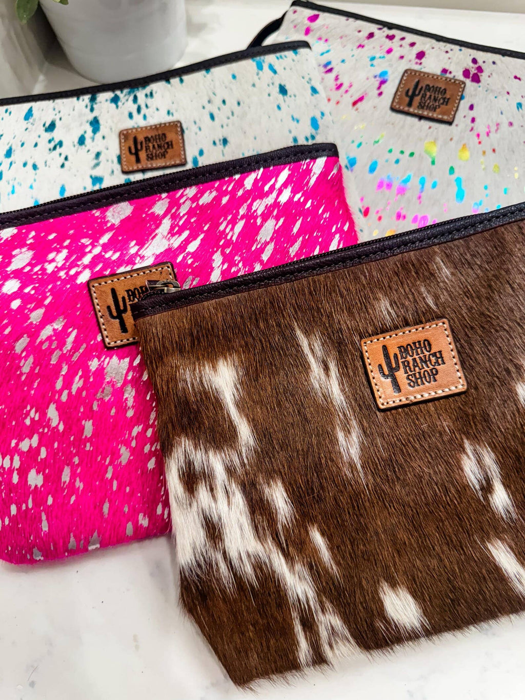 Western Cowhide Makeup Bag Travel: TAN + WHITE