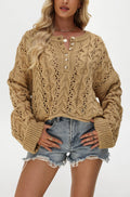 Cropped Button Pullover Sweater: Khaki / Missy / M