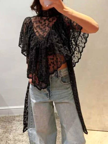 Boho Scarf Neck Lightweight Sheer Lace Floral Poncho Top: Beige / S