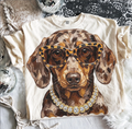 Boujee Dachshund Graphic Tee – Leopard Glasses & Rhinestone : Ivory / Small etc