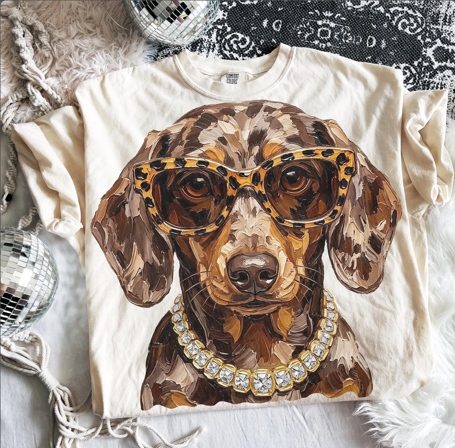 Boujee Dachshund Graphic Tee – Leopard Glasses & Rhinestone : Ivory / Small etc