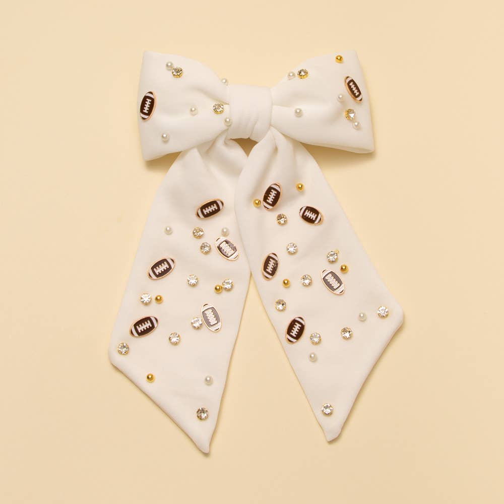 Football Charm Crystal Pearl Embellished Bow Barrette : Blue