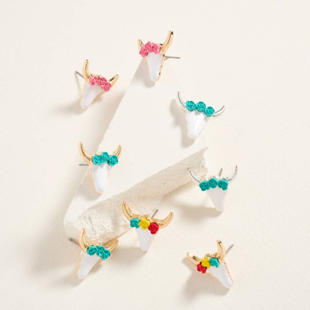 Longhorn Steer Head with Flowers Post Earrings: Silver/Turquoise / ONE
