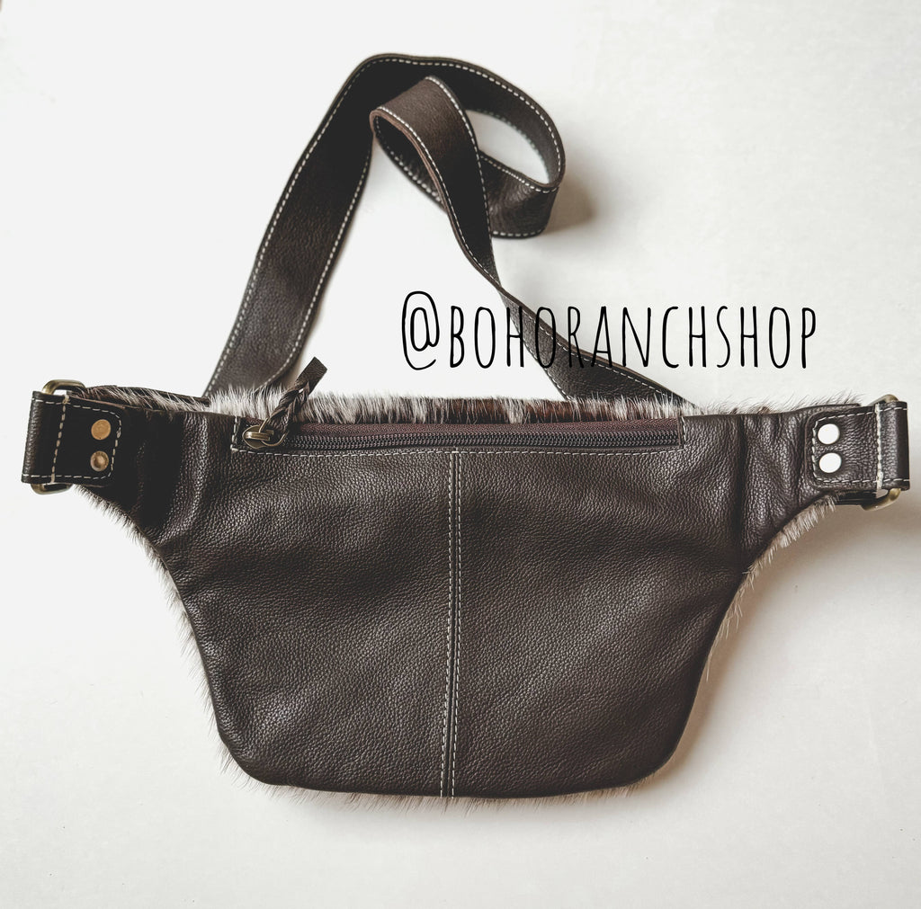 Western Hairon Cowhide Fanny Pack - bum bag sling bag: Tan + White Cowhide