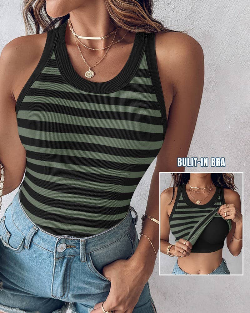Basic ribbed cami striped tank top built-in bra: Green / L
