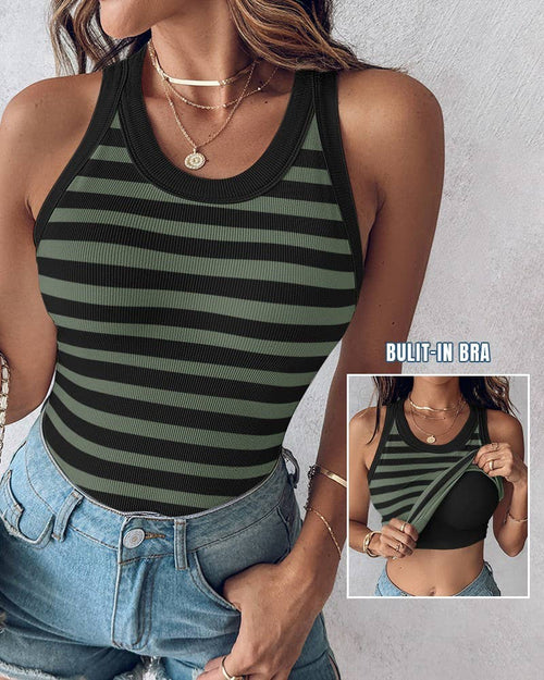 Basic ribbed cami striped tank top built-in bra: Green / L