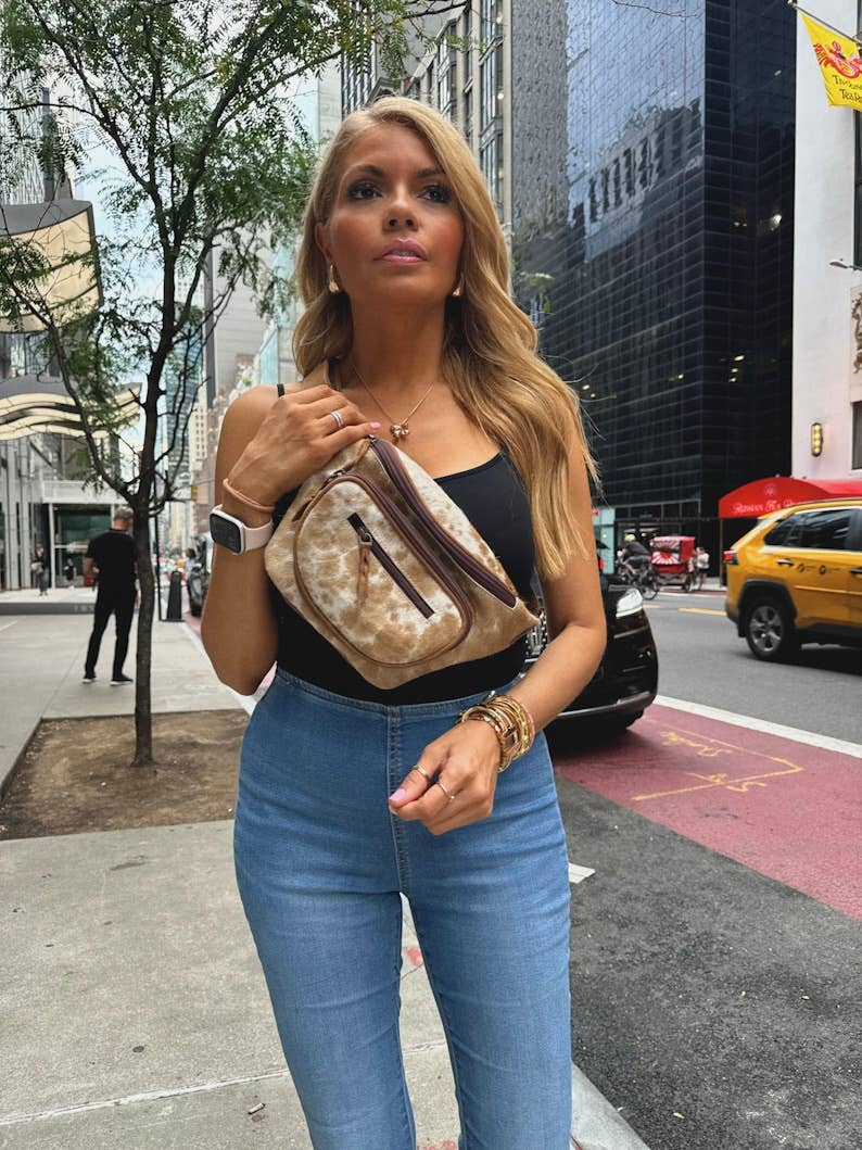 Western Hairon Cowhide Fanny Pack - bum bag sling bag: Tan + White Cowhide