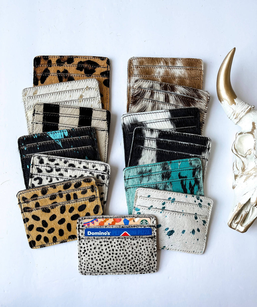 Western Cowhide Credit Card Holder - Money holder: TAN + WHITE COWHIDE