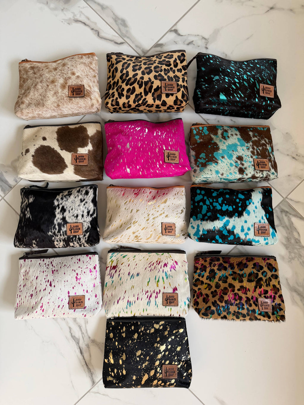 Western Cowhide Makeup Bag Travel: TAN + WHITE