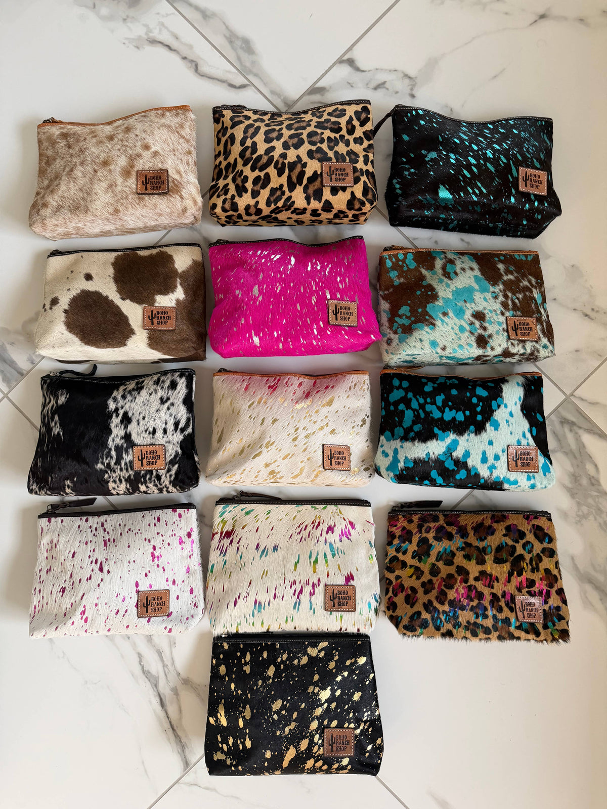 Western Cowhide Makeup Bag Travel: BROWN + WHITE