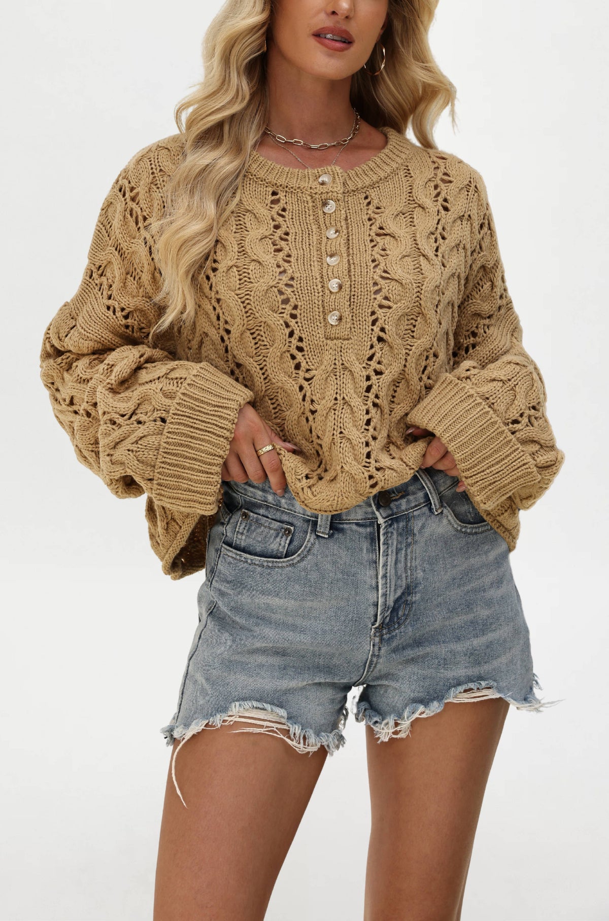 Cropped Button Pullover Sweater: Khaki / Missy / M