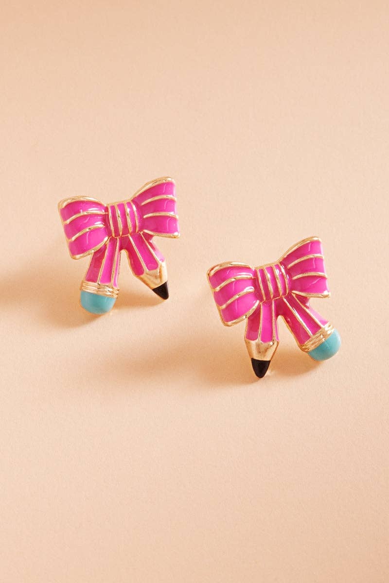 Teachers Day School Enamel Bow Pencil Post Earrings: HPK / ONE