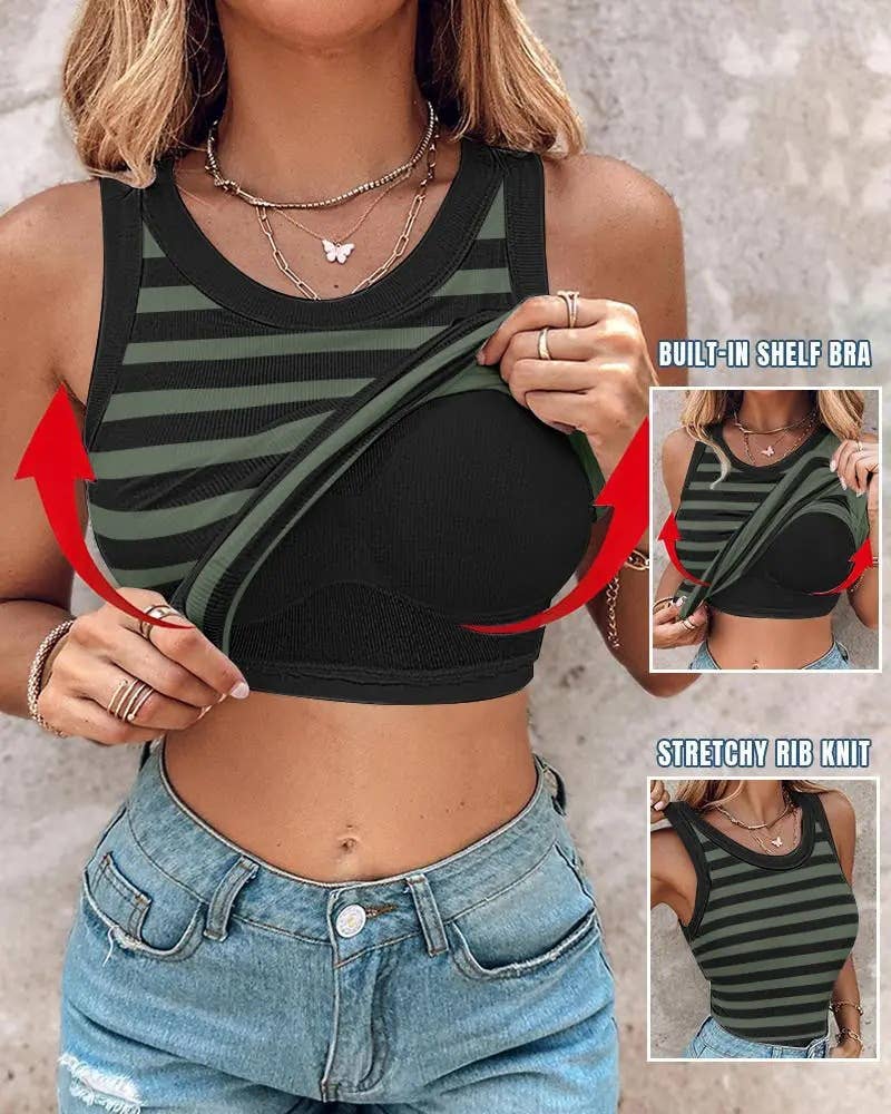 Basic ribbed cami striped tank top built-in bra: Green / L