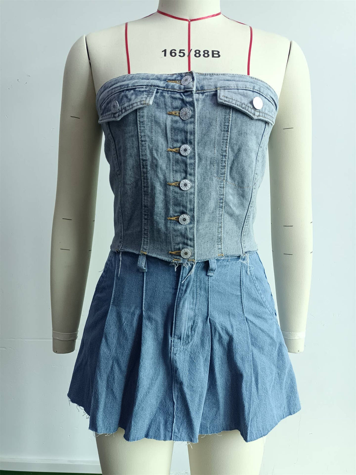 Fitted Denim Bustier Top with Frayed Hem & Buttons: LightBlue / S