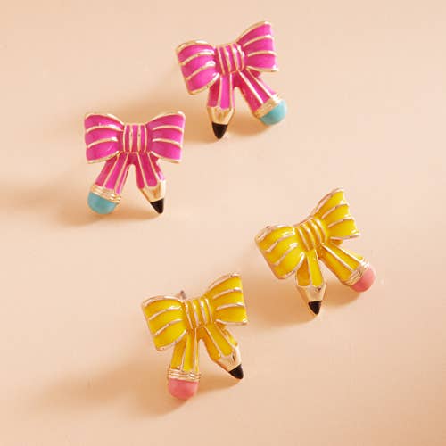Teachers Day School Enamel Bow Pencil Post Earrings: HPK / ONE