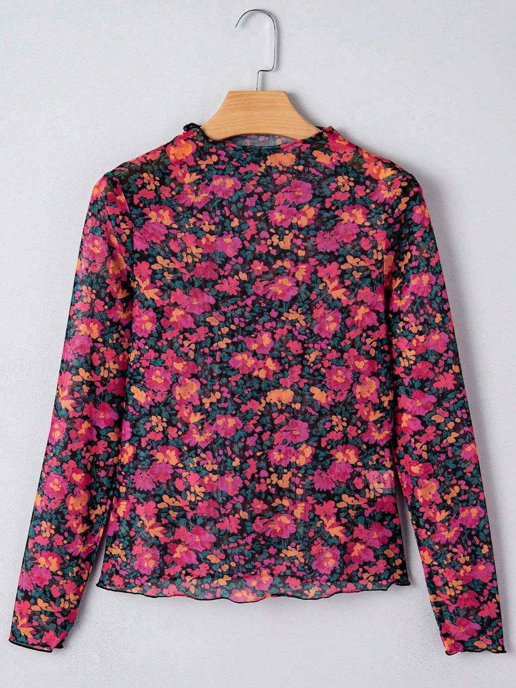 Printed Mesh Long Sleeve Slim Fit Top: Hot Pink / Missy / S