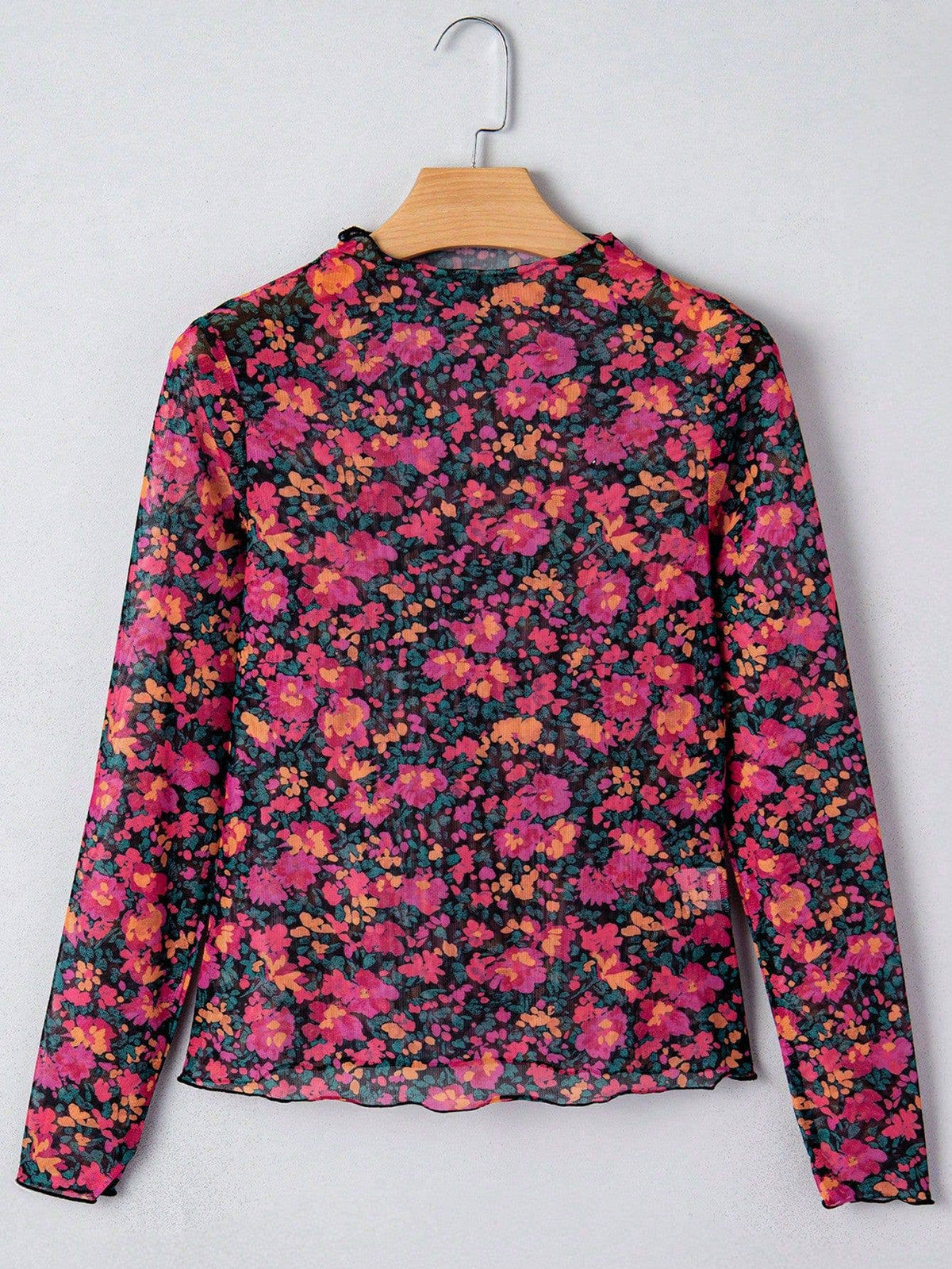 Printed Mesh Long Sleeve Slim Fit Top: Hot Pink / Missy / S