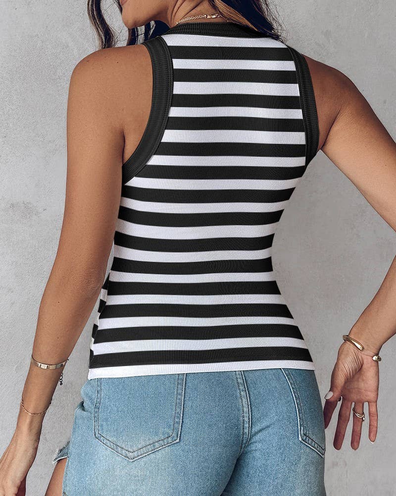 Basic ribbed cami striped tank top built-in bra: Green / L