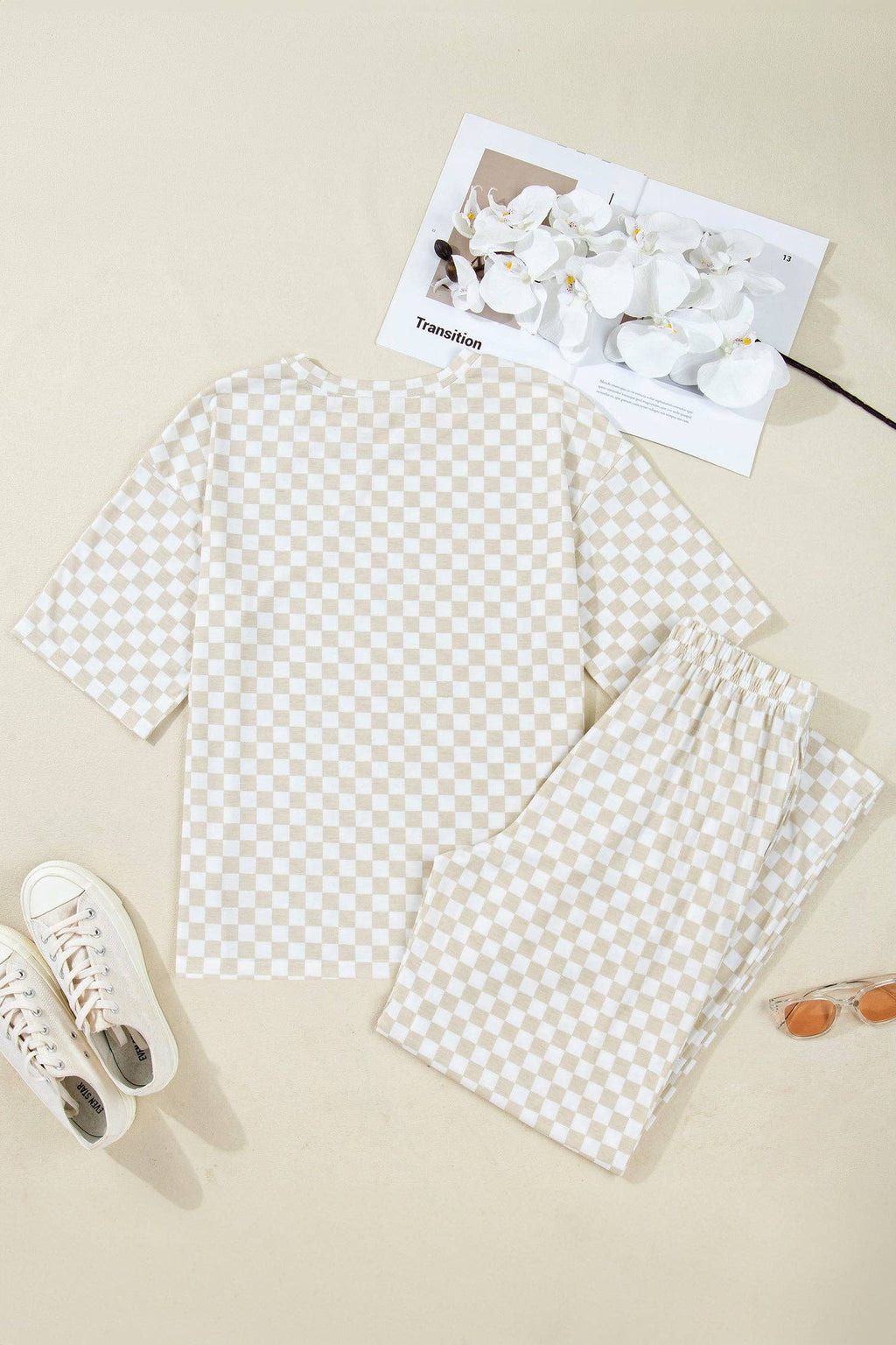 OMG! Checker Short Sleeve Tee and Pants Set: Black / Small etc