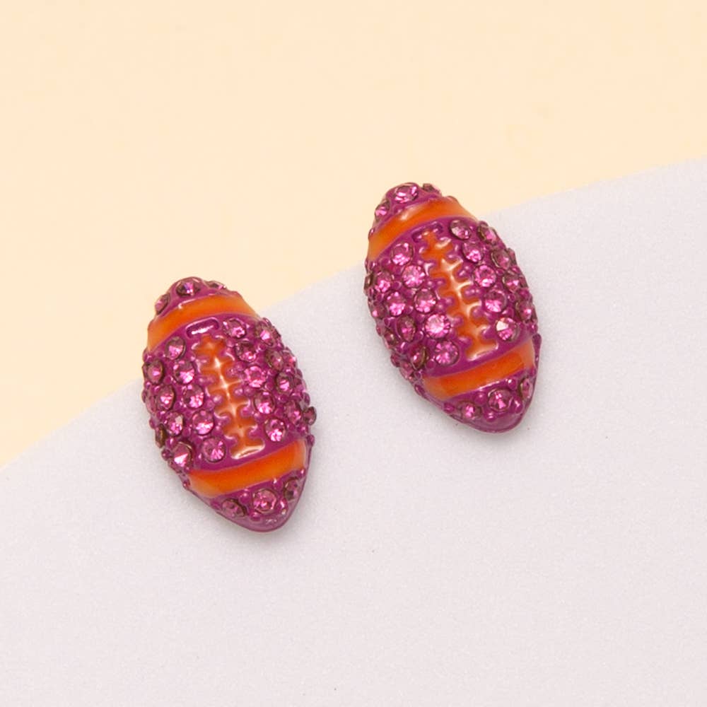 Gameday Two-Tone Rhinestone Pave Football Stud Earrings: Blue