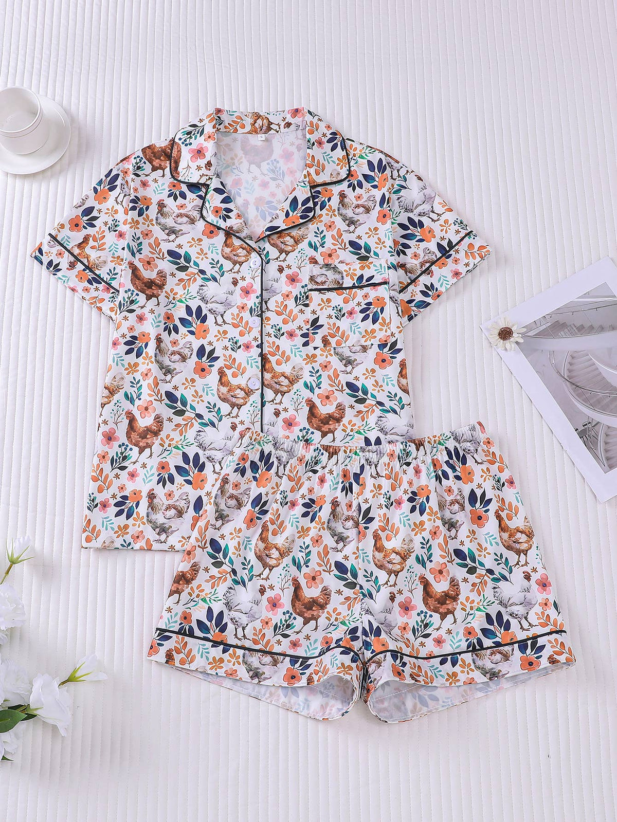 Western Cute Chick Floral Print Short Pajama Set: Color_2 / L