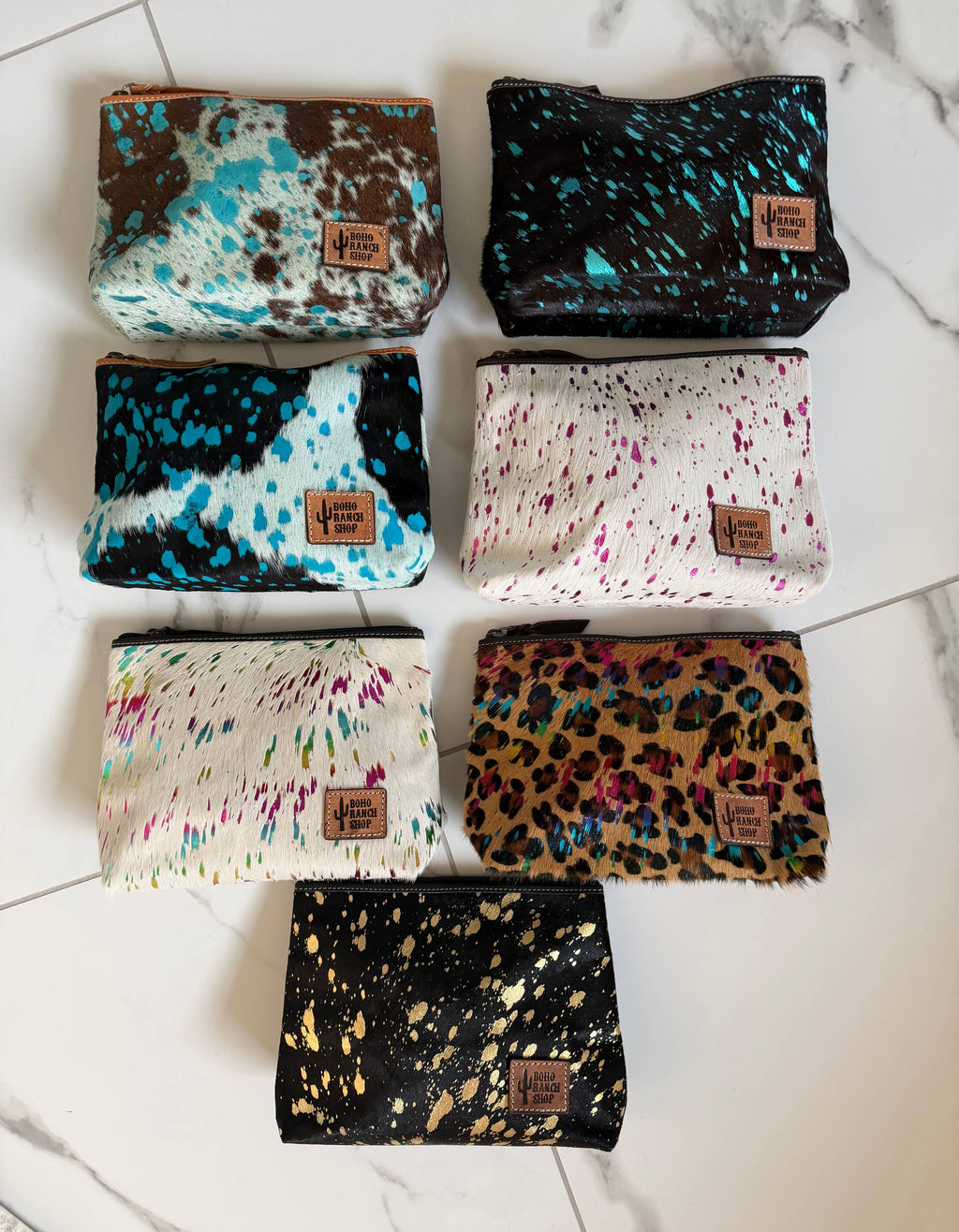 Western Cowhide Makeup Bag Travel: BROWN + WHITE