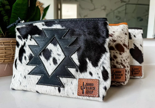 COWHIDE AZTEC  MAKEUP bag Genuine Hair On travel: Black Leather