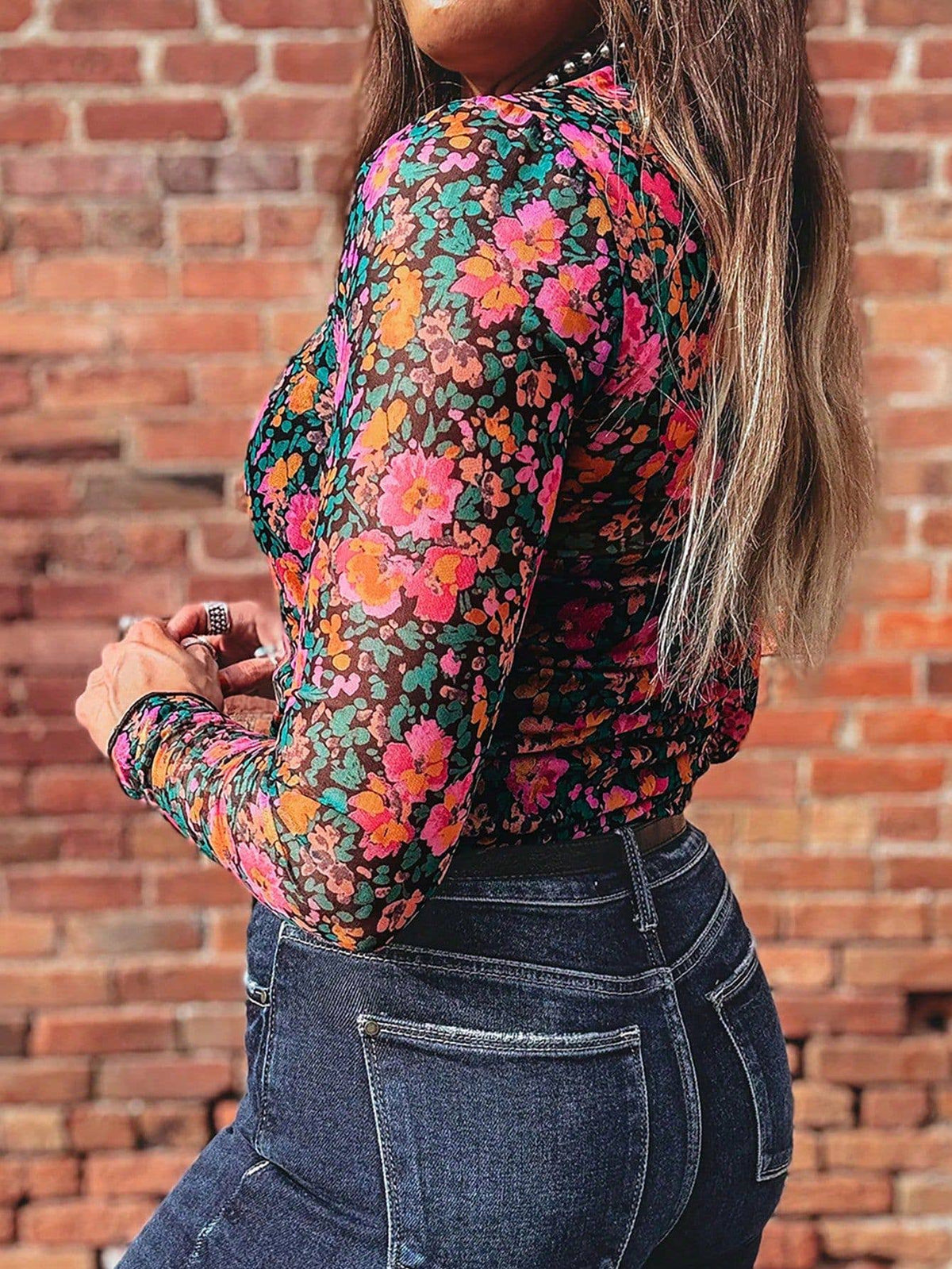 Printed Mesh Long Sleeve Slim Fit Top: Hot Pink / Missy / S